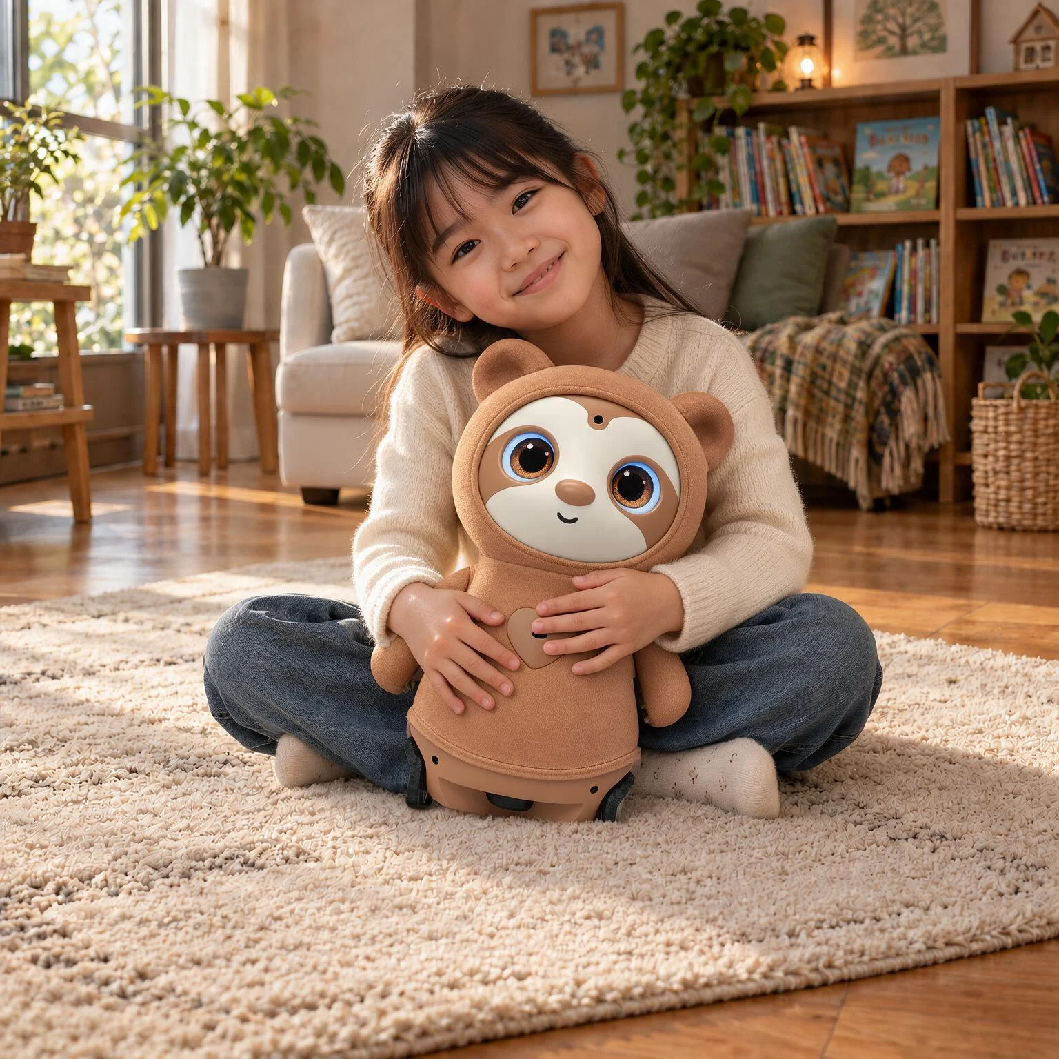 A child hugging Kangkang at home