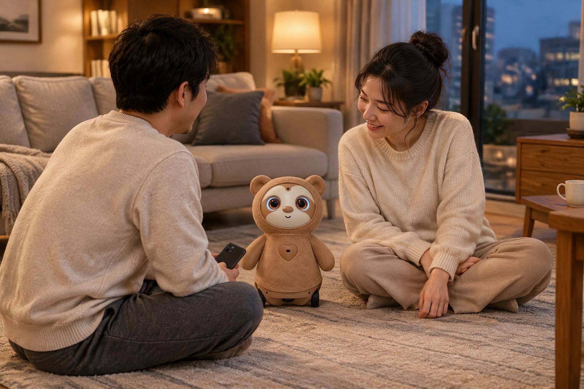 A family spending time with Kangkang in the living room